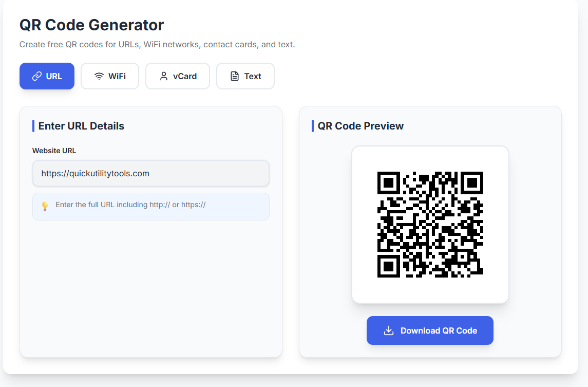 QR Code Generator showing URL input and live preview