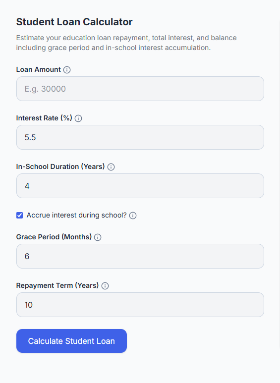 Student Loan Calculator input form with loan details